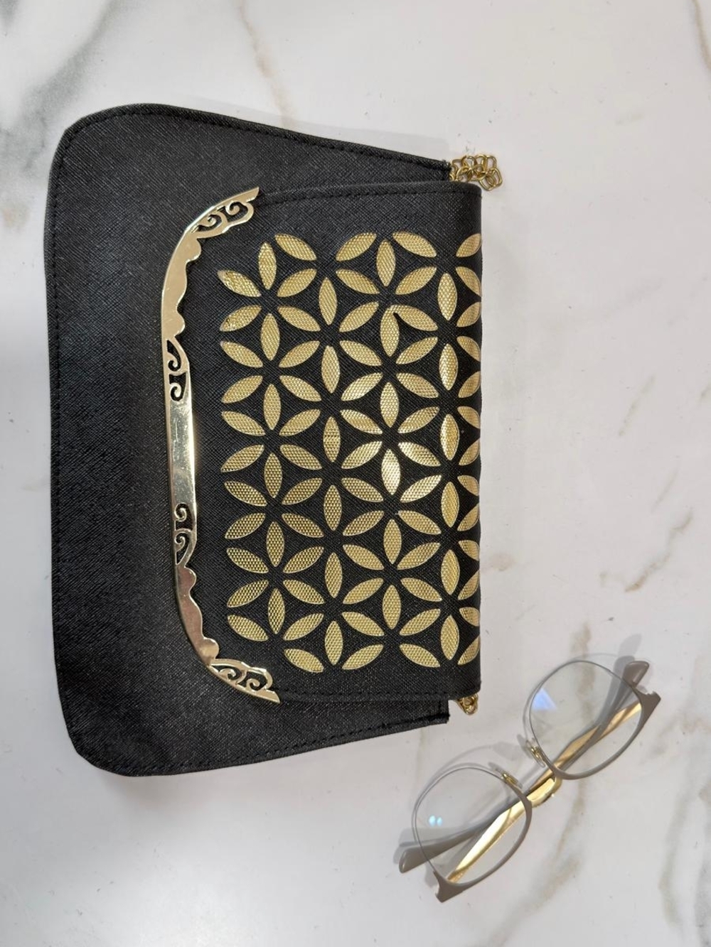 Black & Gold Floral Cutout Wristlet Clutch - Elegant Evening Accessory
